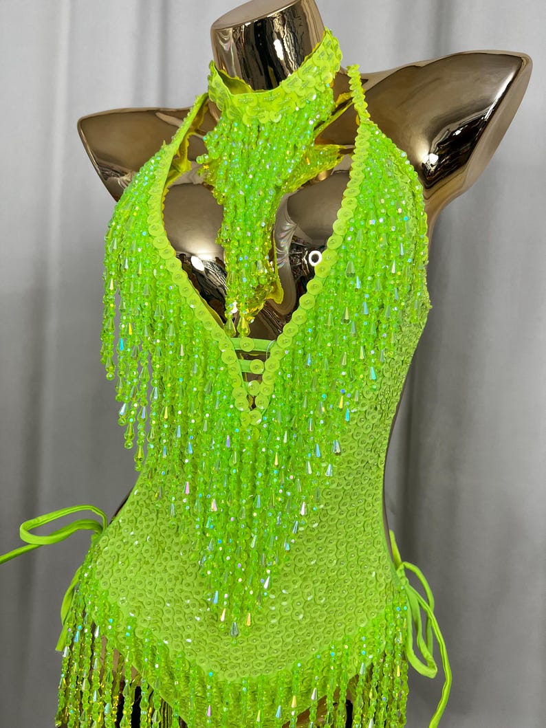 Women's Neon Green Sequin Fringe Halter Leotard Latin Dancewear