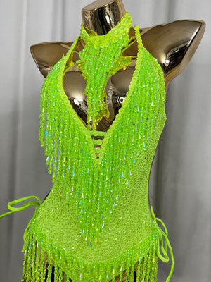 Women's Neon Green Sequin Fringe Halter Leotard Latin Dancewear