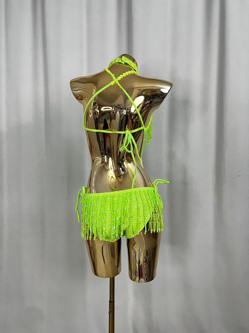 Women's Neon Green Sequin Fringe Halter Leotard Latin Dancewear