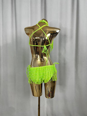 Women's Neon Green Sequin Fringe Halter Leotard Latin Dancewear