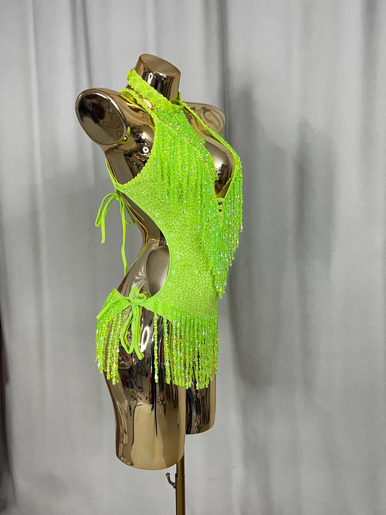 Women's Neon Green Sequin Fringe Halter Leotard Latin Dancewear