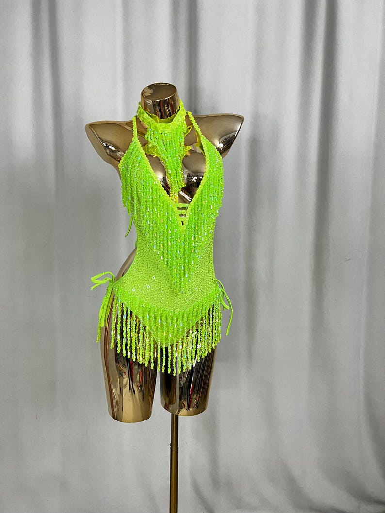 Women's Neon Green Sequin Fringe Halter Leotard Latin Dancewear