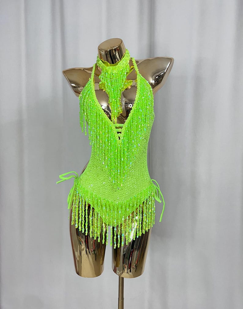 Women's Neon Green Sequin Fringe Halter Leotard Latin Dancewear