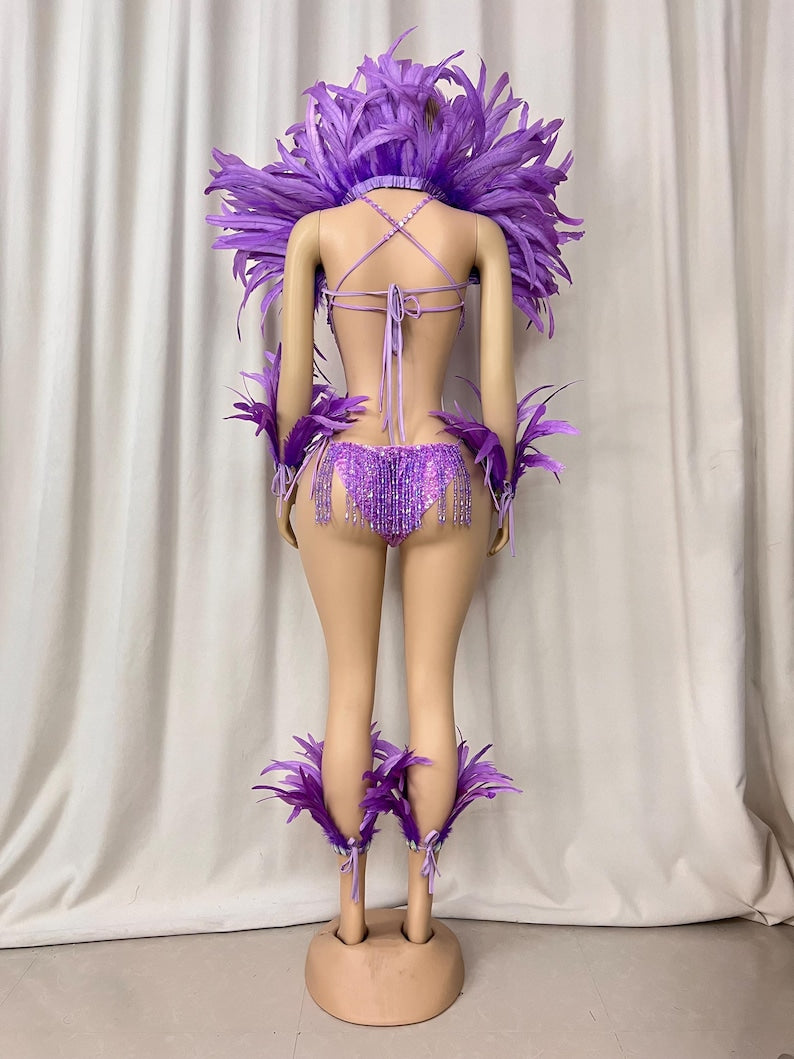 Women's Purple Feathered Sequin Beaded Fringe Leotard with Arm Cuffs and Ankle Cuffs for Samba Dance