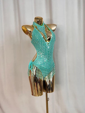 Women's Teal Sequin Beaded Fringe Halterneck Latin Dance Bodysuit