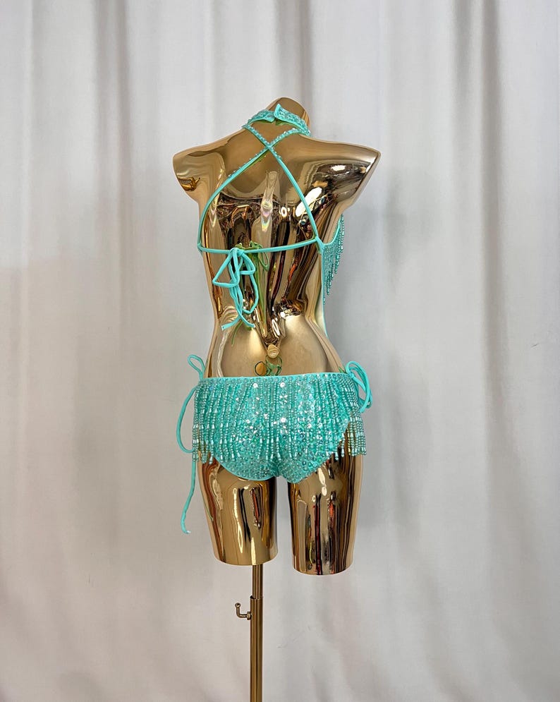 Women's Teal Sequin Beaded Fringe Halterneck Latin Dance Bodysuit