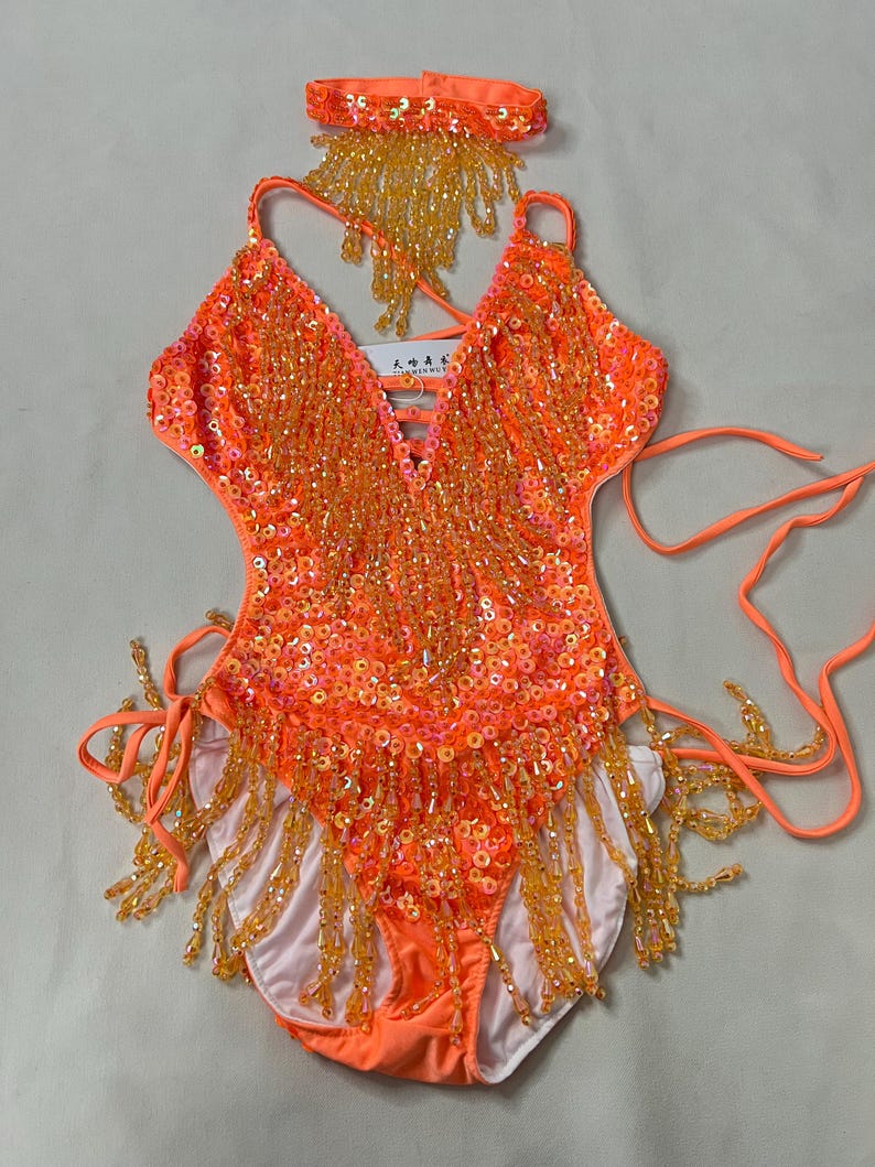 Latin Dance Leotard Women's Orange Sequin Beaded Fringe Halter Neck Bodysuit