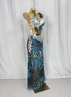 Belly Dance Costume Women's Blue & Black Animal Print Chiffon & Sequin Bra Top with Embellished Hip Scarf & Skirt Set