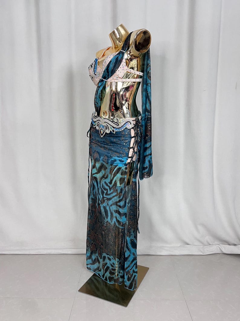 Belly Dance Costume Women's Blue & Black Animal Print Chiffon & Sequin Bra Top with Embellished Hip Scarf & Skirt Set