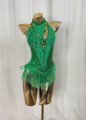 Latin Dance Leotard Women's Orange Sequin Beaded Fringe Halter Neck Bodysuit