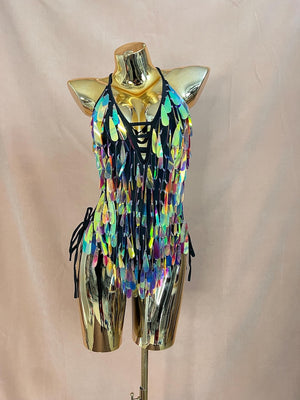 Women's Iridescent Sequin Fringe Halter Bodysuit, Festival Dance Rave Wear