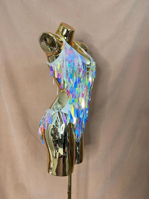 Women's Iridescent Sequin Fringe Halter Bodysuit, Festival Dance Rave Wear