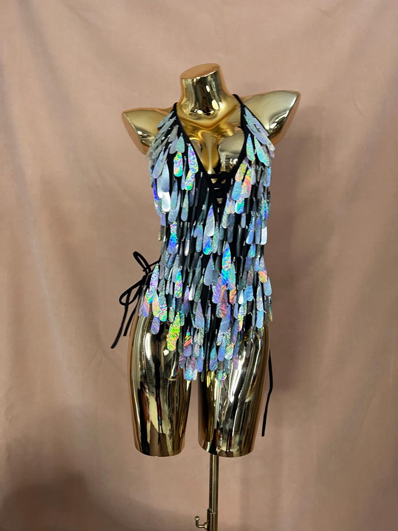 Women's Iridescent Sequin Fringe Halter Bodysuit, Festival Dance Rave Wear