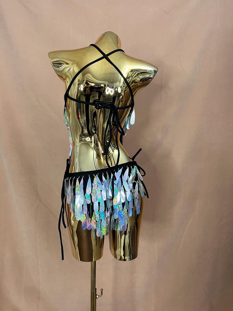 Women's Iridescent Sequin Fringe Halter Bodysuit, Festival Dance Rave Wear