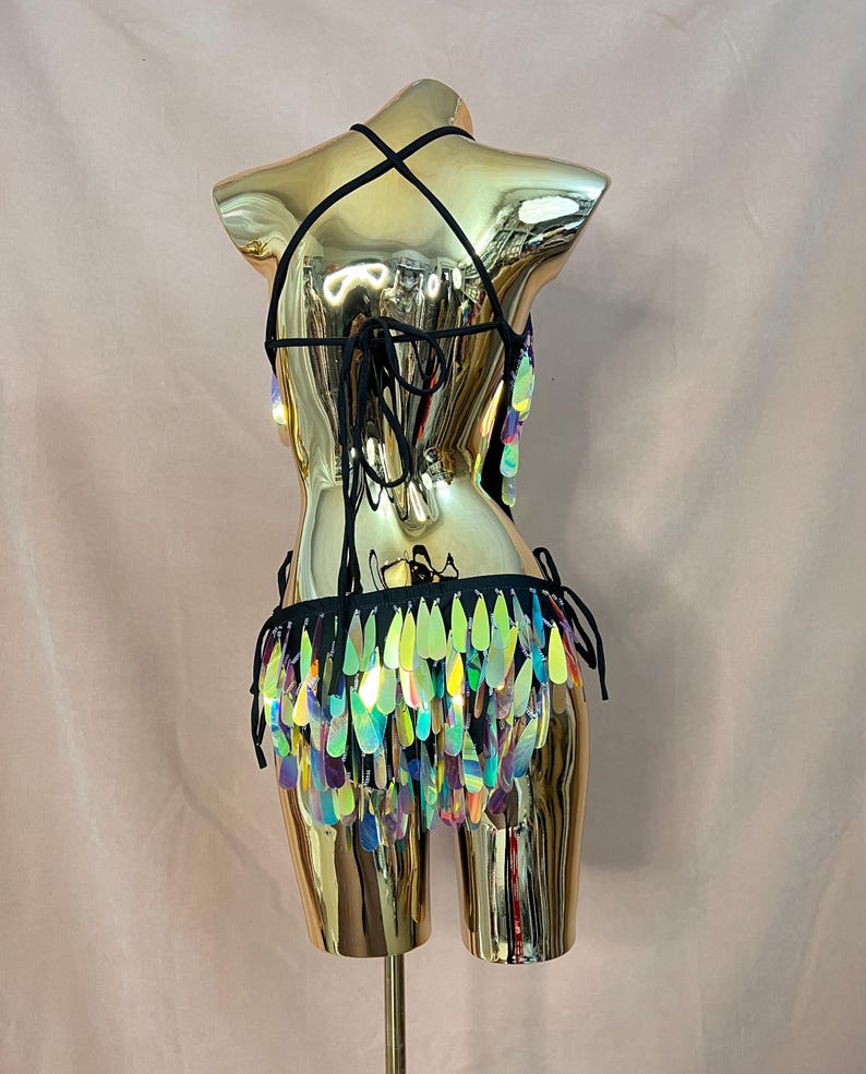 Women's Iridescent Sequin Fringe Halter Bodysuit, Festival Dance Rave Wear