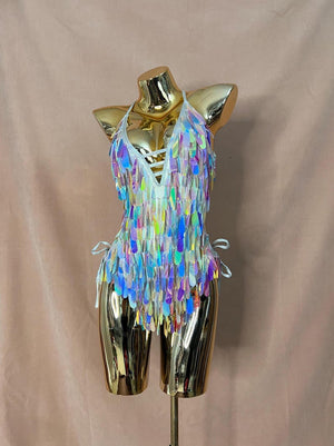 Women's Iridescent Sequin Fringe Halter Bodysuit, Festival Dance Rave Wear
