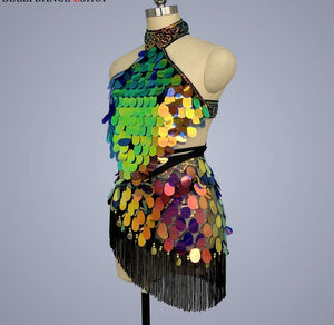 Women's Iridescent Sequin Halter Crop Top & Fringe Skirt Set - Belly Dance Costume