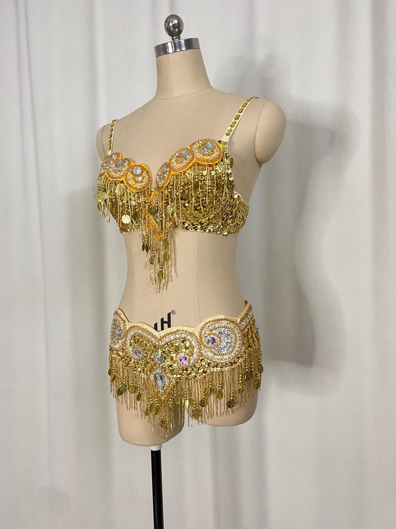 Women's Gold Embellished Sequin Fringe Belly Dance Bra and Belt Set