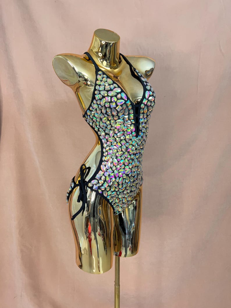 Women's Black Iridescent Rhinestone Halter Neck Bodysuit with Side Ties, Latin Dance