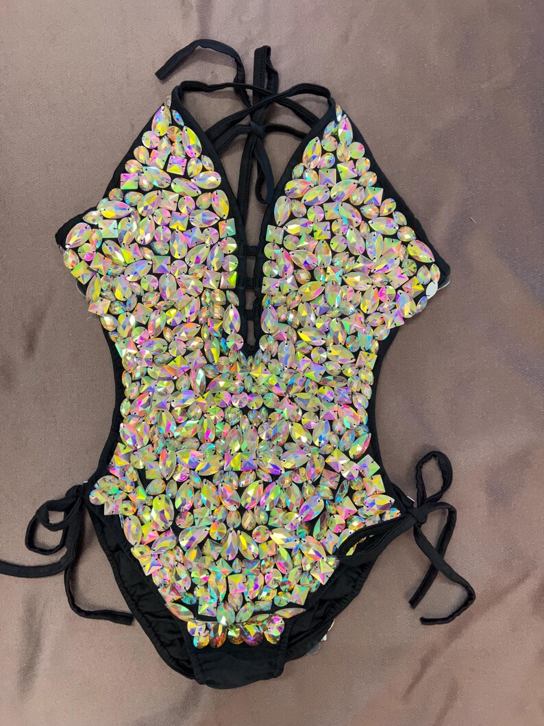 Women's Black Iridescent Rhinestone Halter Neck Bodysuit with Side Ties, Latin Dance