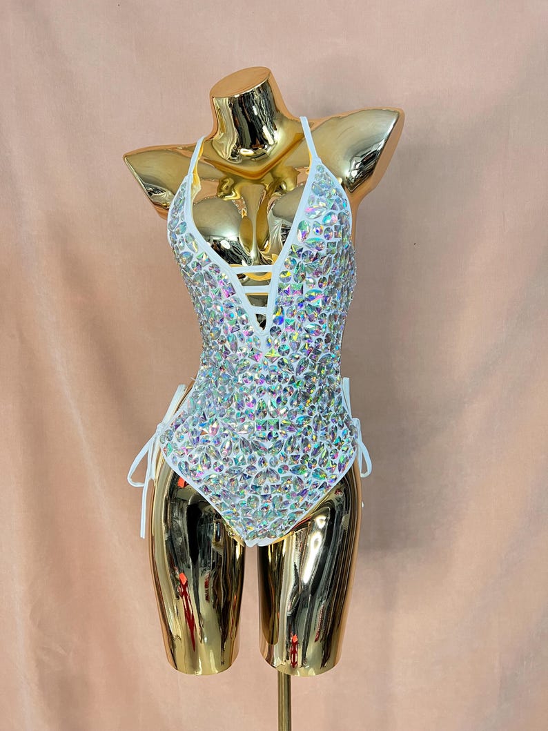 Women's Black Iridescent Rhinestone Halter Neck Bodysuit with Side Ties, Latin Dance