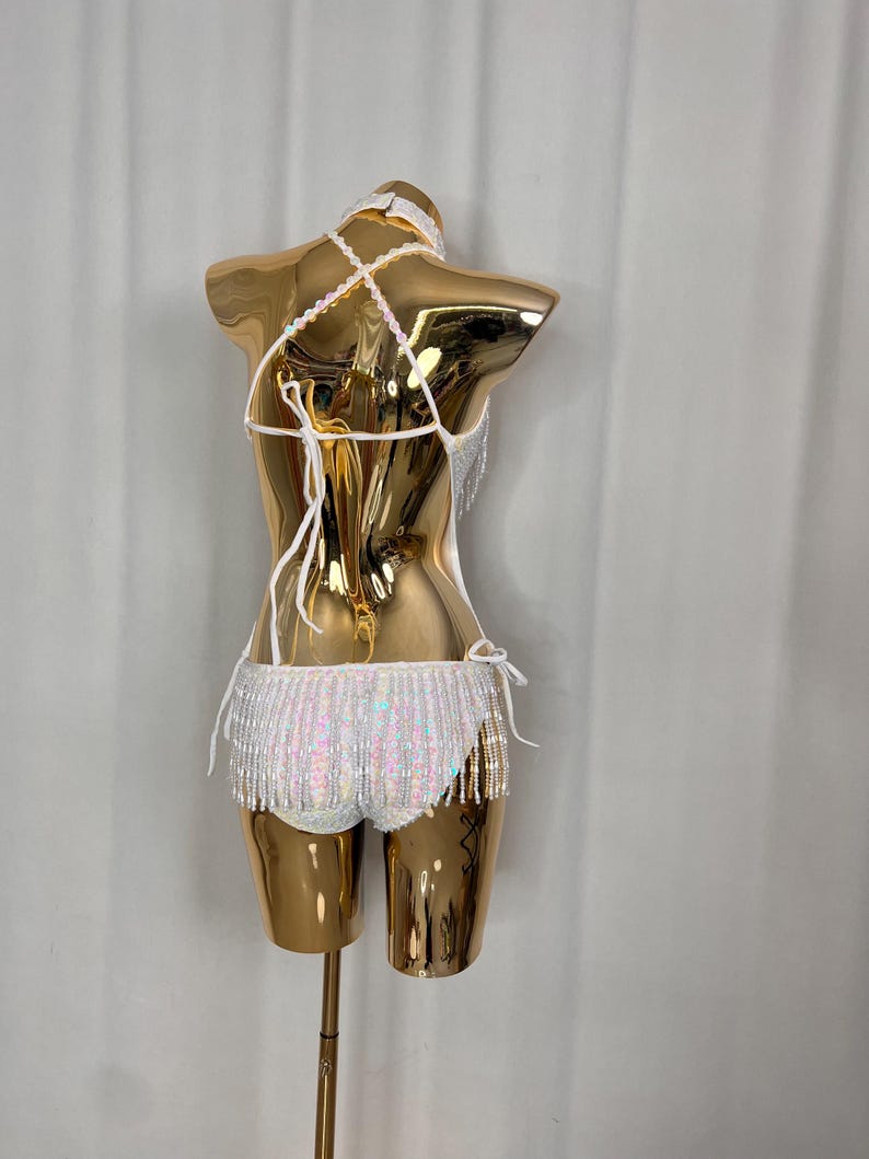 Women's White Iridescent Sequin Beaded Fringe Halter Neck Latin Dance Leotard