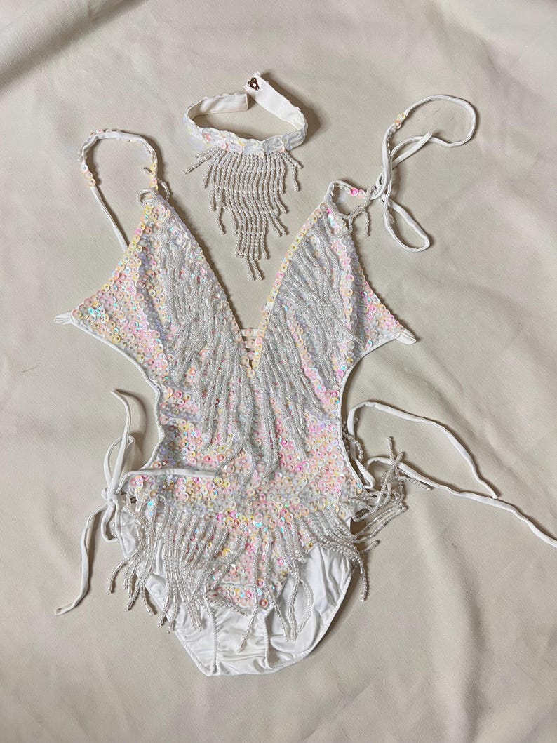 Women's White Iridescent Sequin Beaded Fringe Halter Neck Latin Dance Leotard