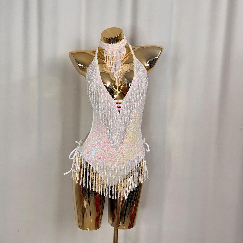 Women's White Iridescent Sequin Beaded Fringe Halter Neck Latin Dance Leotard