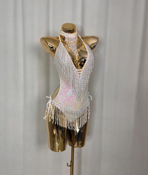 Women's White Iridescent Sequin Beaded Fringe Halter Neck Latin Dance Leotard
