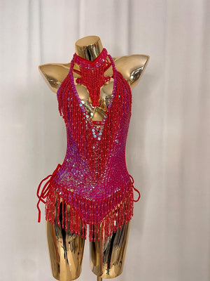 Women's Red & Pink Ombre Sequin Fringe Halter Latin Dance Dress