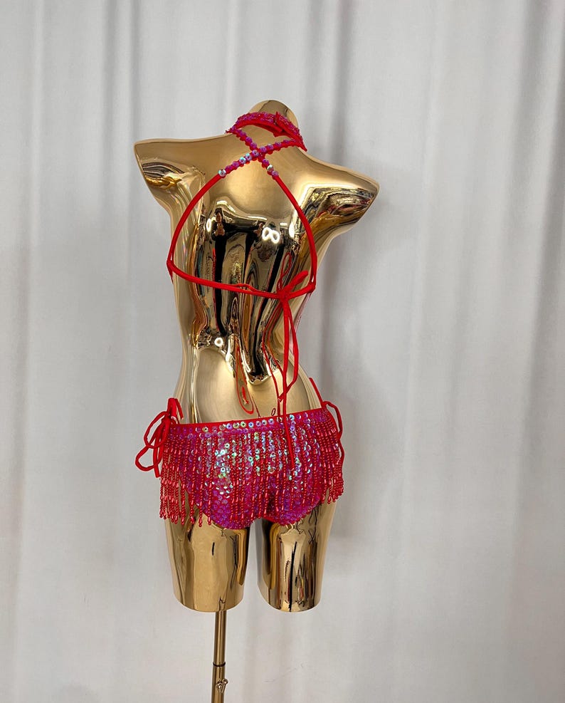 Women's Red & Pink Ombre Sequin Fringe Halter Latin Dance Dress