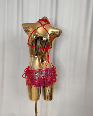 Women's Red & Pink Ombre Sequin Fringe Halter Latin Dance Dress