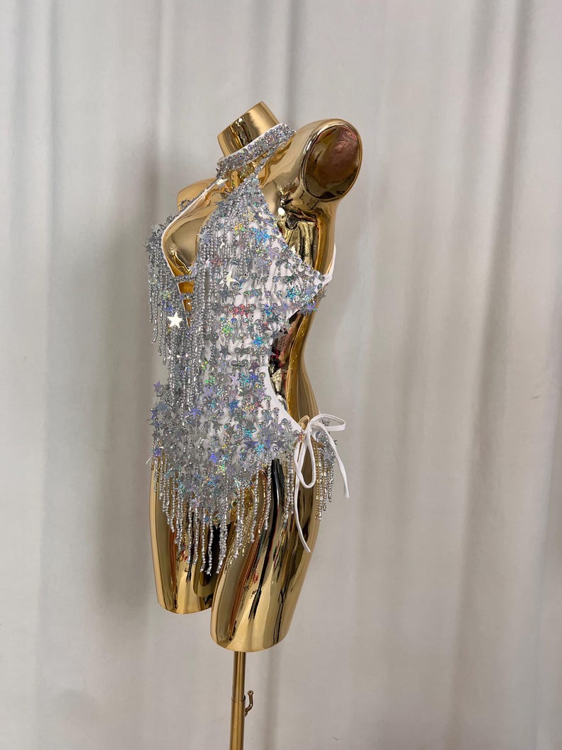 Women's Silver Sequin Star Fringe Halter Neck Bodysuit Dance Costume