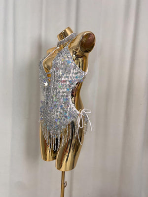 Women's Silver Sequin Star Fringe Halter Neck Bodysuit Dance Costume