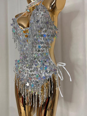 Women's Silver Sequin Star Fringe Halter Neck Bodysuit Dance Costume