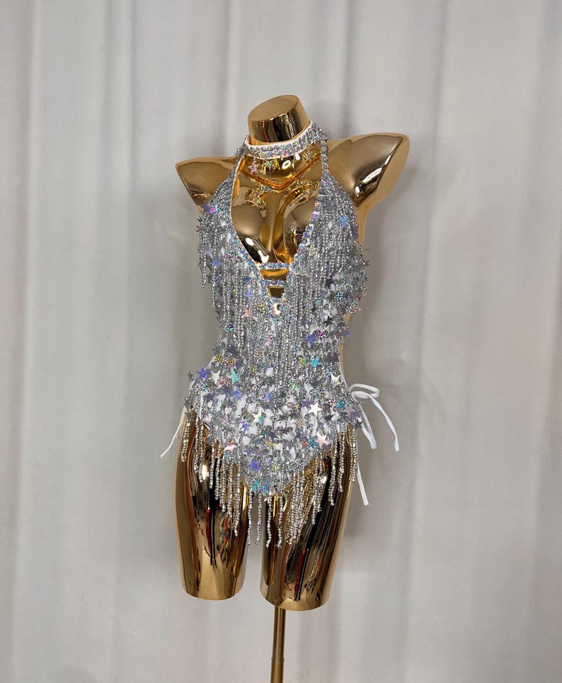Women's Silver Sequin Star Fringe Halter Neck Bodysuit Dance Costume