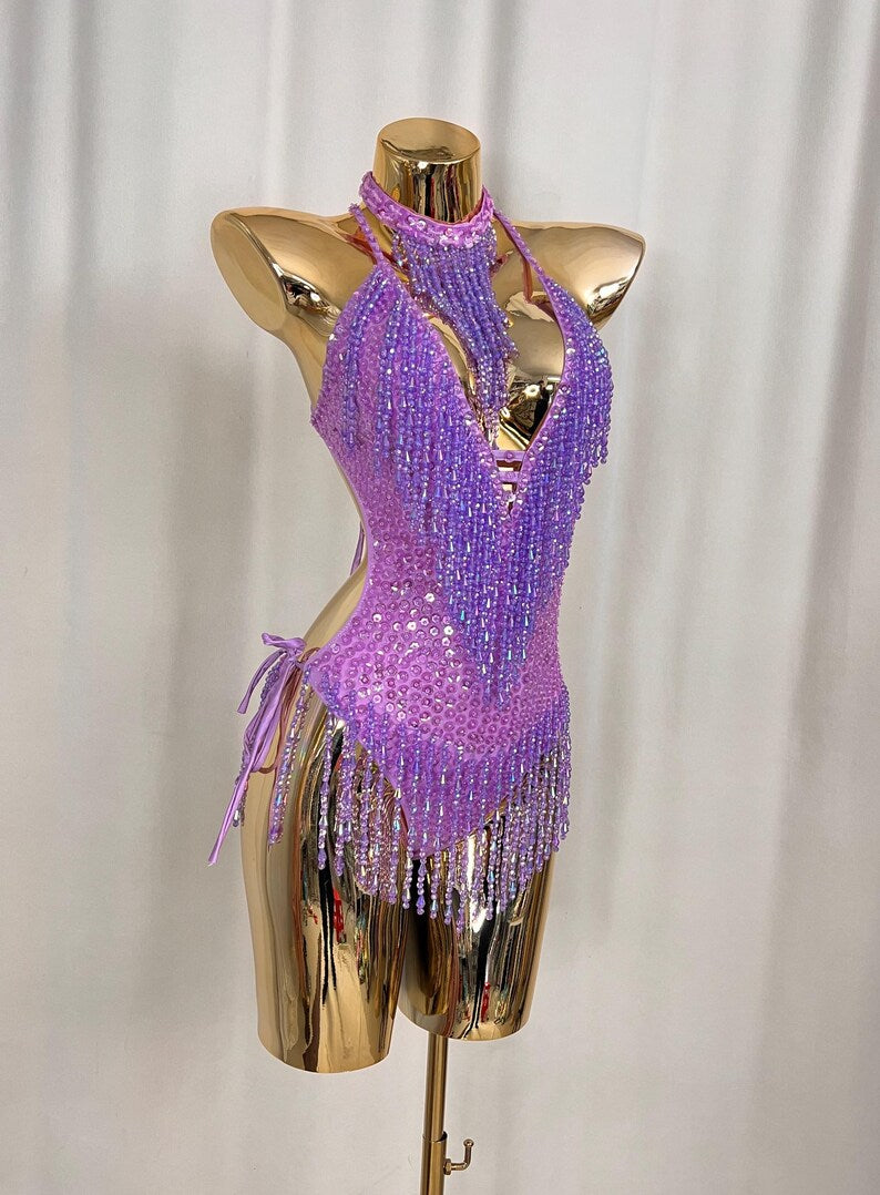 Women's Purple Sequin Beaded Fringe Halterneck Latin Dance Leotard