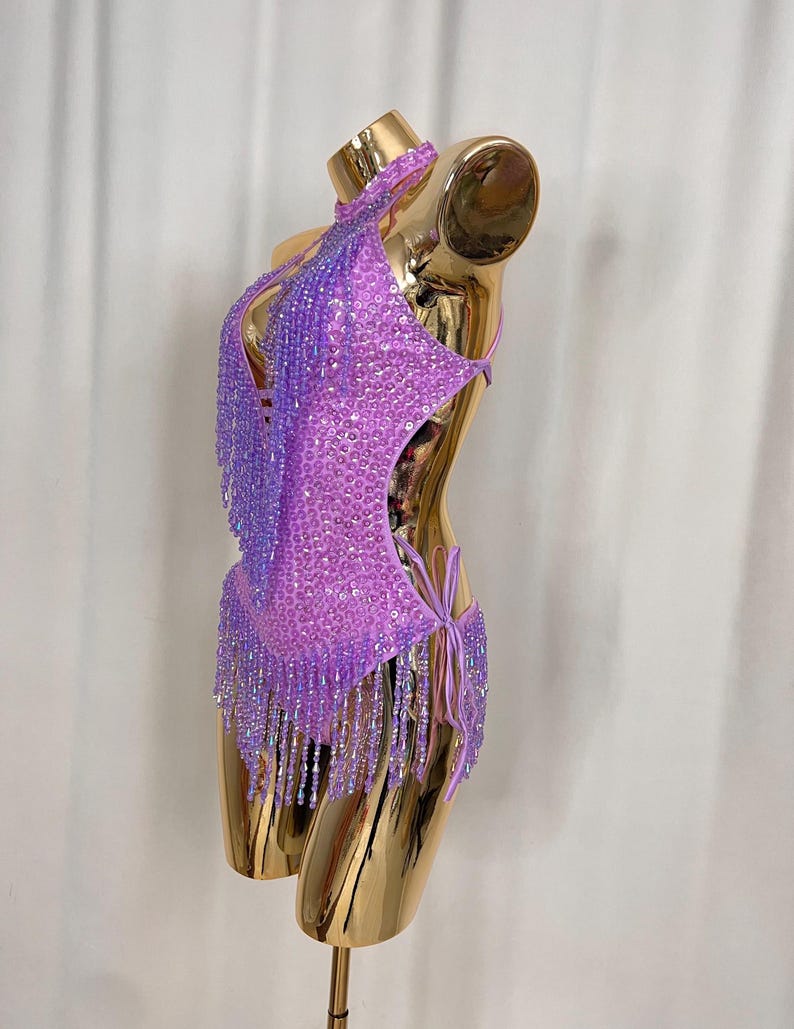 Women's Purple Sequin Beaded Fringe Halterneck Latin Dance Leotard
