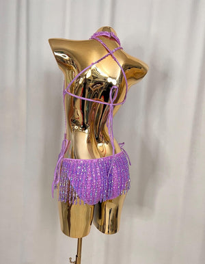 Women's Purple Sequin Beaded Fringe Halterneck Latin Dance Leotard