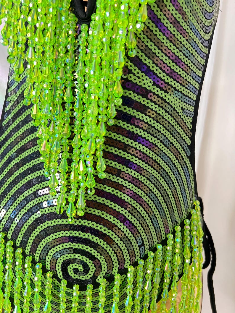 Women's Neon Green Sequin Beaded Fringe Halter Neck Dance Leotard