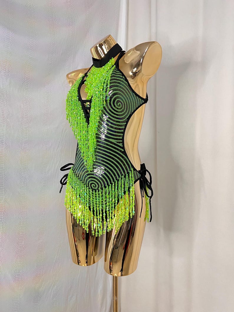 Women's Neon Green Sequin Beaded Fringe Halter Neck Dance Leotard