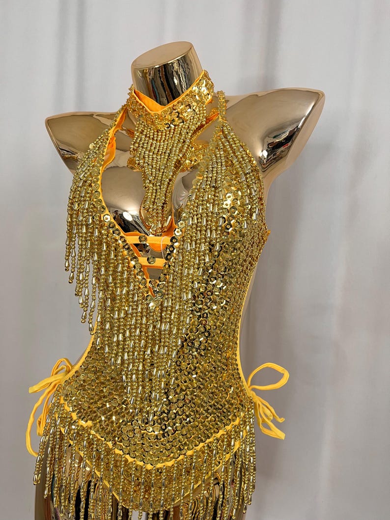 Women's Gold Sequin Fringe Halter Neck Latin Dance Bodysuit