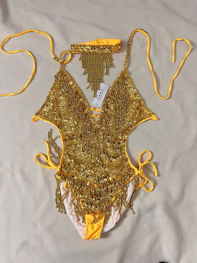 Women's Gold Sequin Fringe Halter Neck Latin Dance Bodysuit