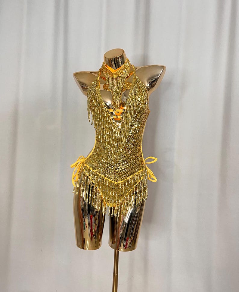 Women's Gold Sequin Fringe Halter Neck Latin Dance Bodysuit