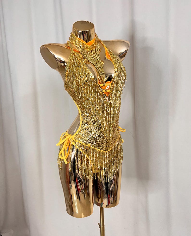 Women's Gold Sequin Fringe Halter Neck Latin Dance Bodysuit
