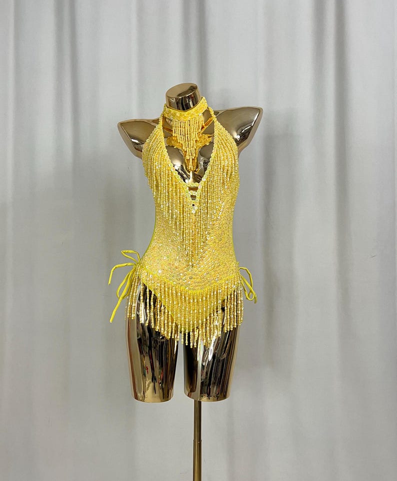 Women's Yellow Sequin Beaded Fringe Halterneck Latin Dance Dress