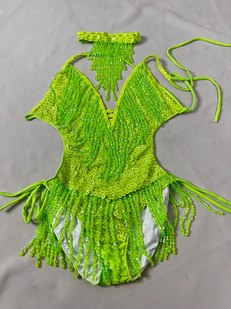 Women's Neon Green Sequin Fringe Halter Leotard Latin Dancewear