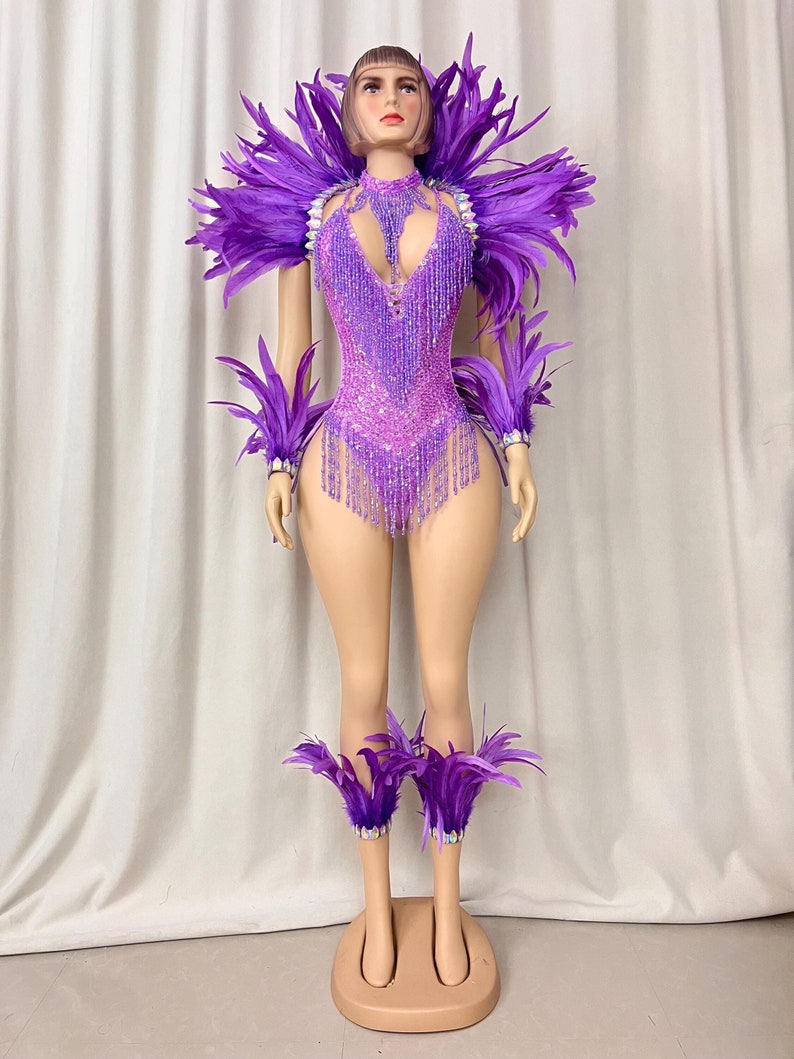 Women's Purple Feathered Sequin Beaded Fringe Leotard with Arm Cuffs and Ankle Cuffs for Samba Dance