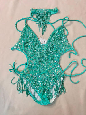 Women's Teal Sequin Beaded Fringe Halterneck Latin Dance Bodysuit