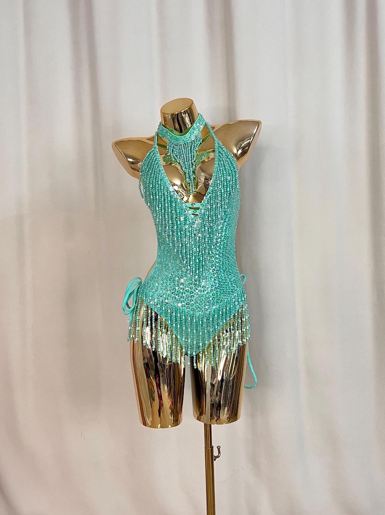 Women's Teal Sequin Beaded Fringe Halterneck Latin Dance Bodysuit